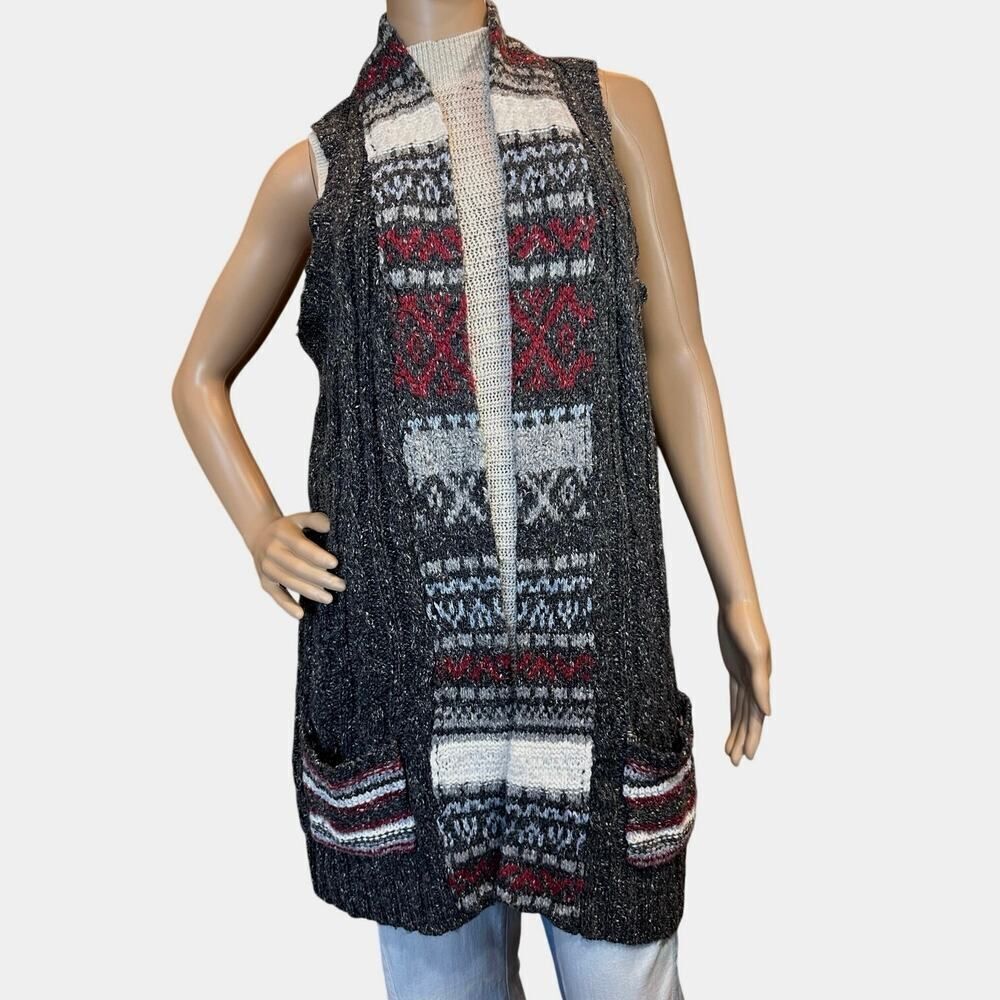 VTG Grandmacore Size Large Open Front Vest Cardigan Cable Knit Sweater Pockets
